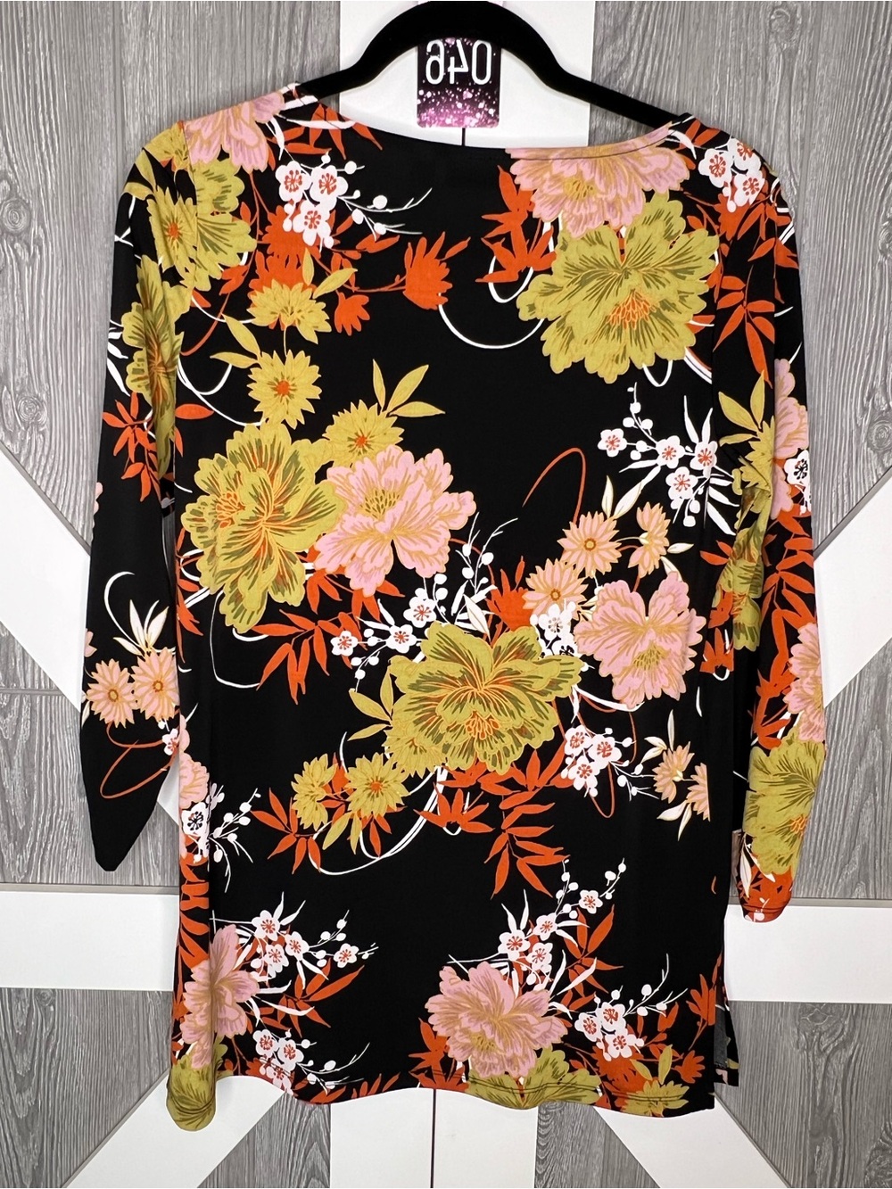 Floral Print Black Women's Blouse with Pink & Olive Flowers - Picture 2 of 8